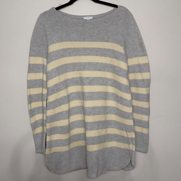 J Jill Sweater Womens Medium Gray Yellow Striped Casual Pullover Knit Top - Picture 1 of 3
